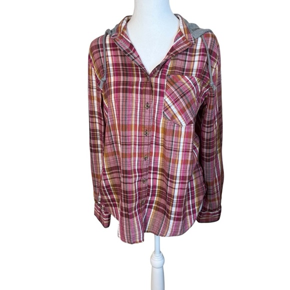 Mudd Juniors Pink Grey Multicolor Tartan Plaid Button Up Hooded Flannel Medium - Picture 1 of 10